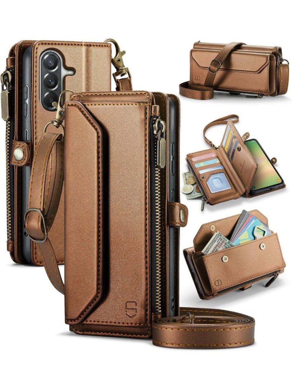 Zipper Strap Wallet Case for Samsung Galaxy A37 5G - Brown Leather Design